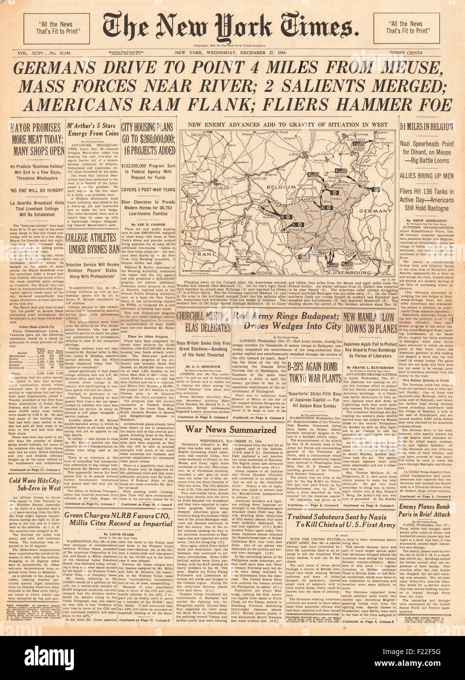 1944 New York Times front page reporting the Battle of the Bulge Stock Photo