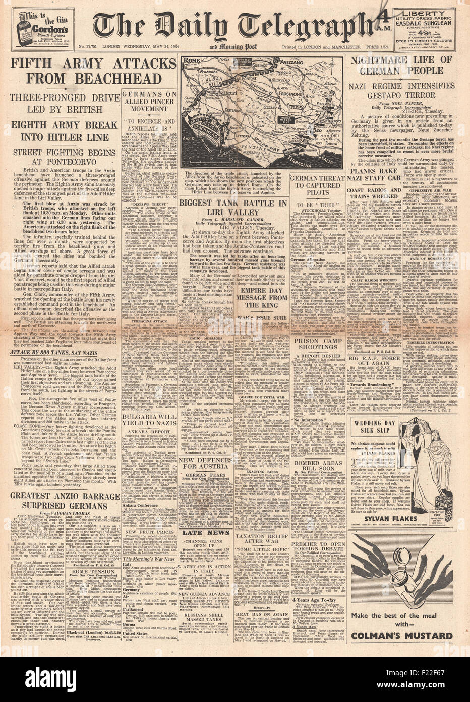1944 Daily Telegraph front page reporting Battle for Anzio Beachheads Stock Photo