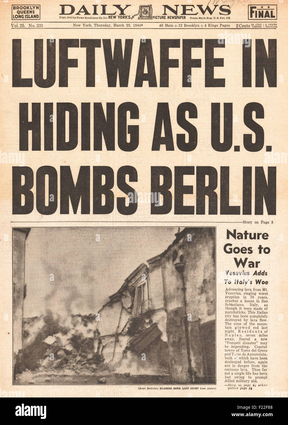1944 Daily News front page reporting U.S. Airforce Bombs Berlin and Mount Vesuvius erupts Stock Photo