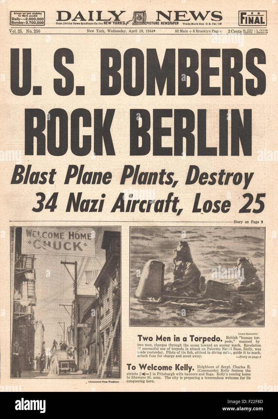 1944 Daily News front page reporting U.S. Airforce Bombs Berlin Stock Photo