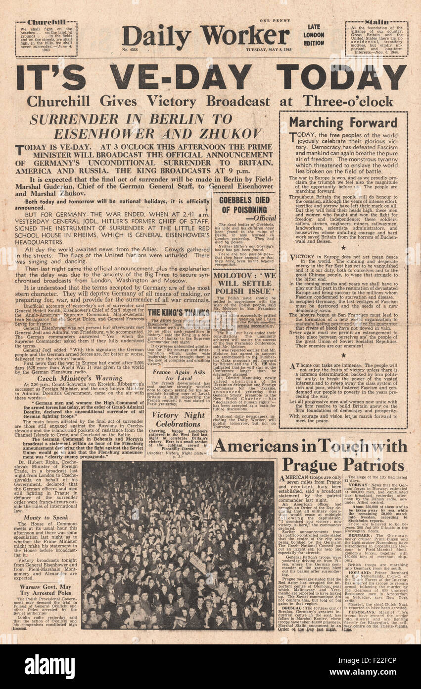 1945 daily worker front page reporting ve day stock photo alamy