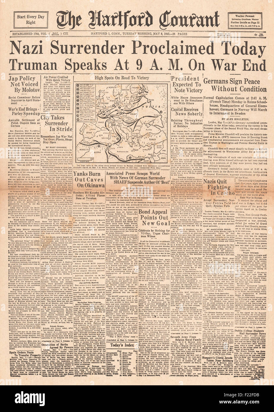 1945 Hartford Courant front page reporting VE Day Stock Photo Alamy
