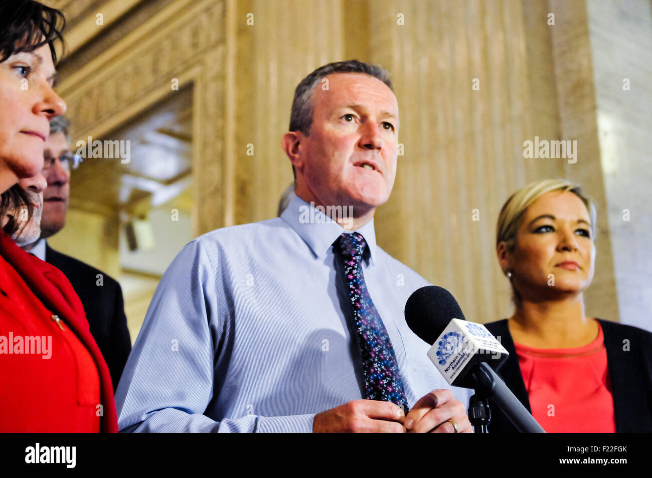 Belfast, Northern Ireland, UK. 10th September, 2015.  Conor Murphy from Sinn Fein calls on other political parties not to adjourn or suspend the Northern Ireland Assembly. Credit:  Stephen Barnes/Alamy Live News. Stock Photo