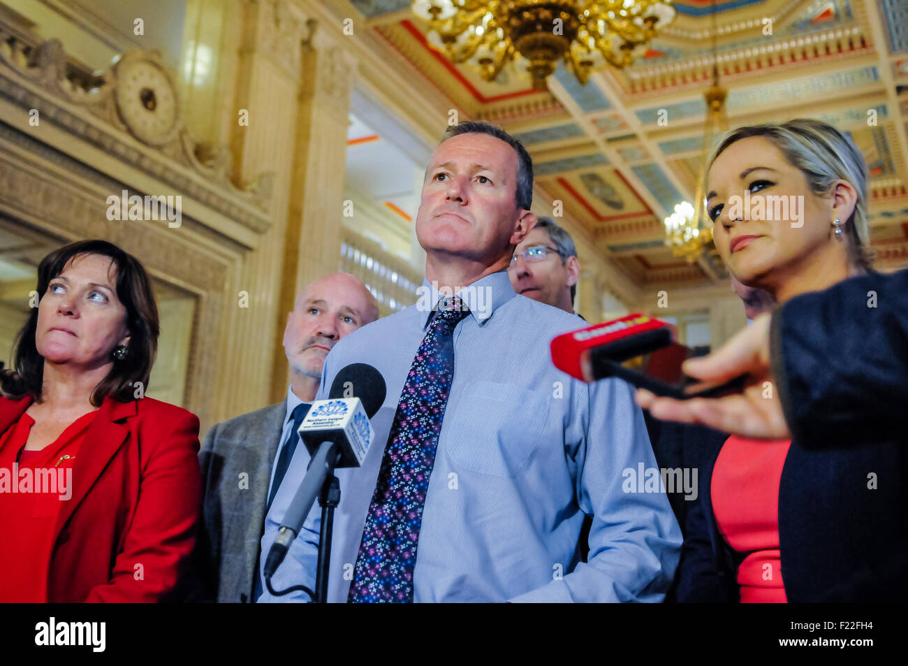 Belfast, Northern Ireland, UK. 10th September, 2015.  Conor Murphy from Sinn Fein calls on other political parties not to adjourn or suspend the Northern Ireland Assembly. Credit:  Stephen Barnes/Alamy Live News Stock Photo