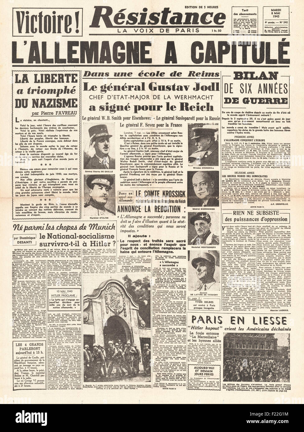 1945 Résistence (France) front page reporting VE Day Stock Photo - Alamy