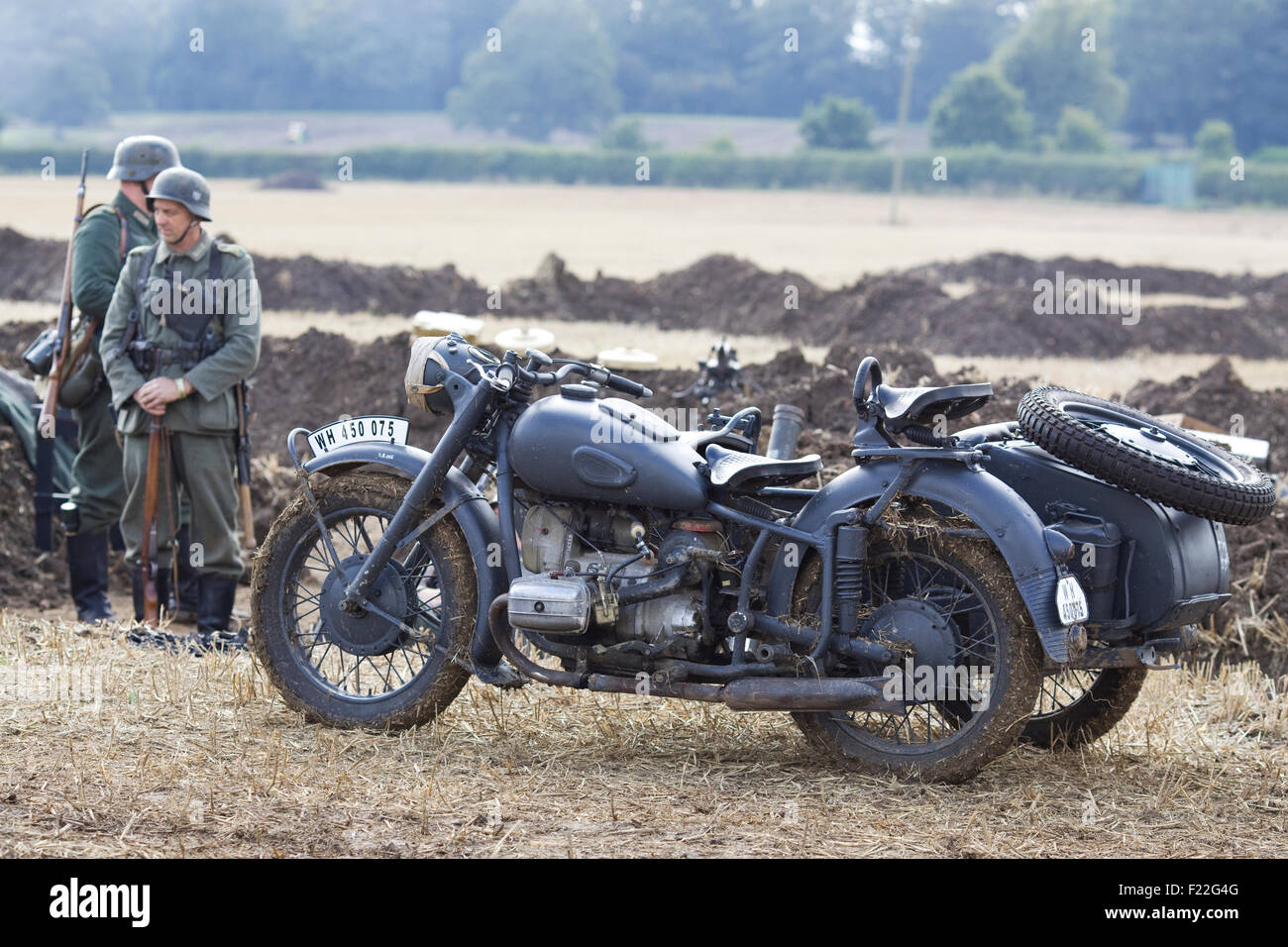 WW11 Motorcycle and sidecar on the battlefield Stock Photo