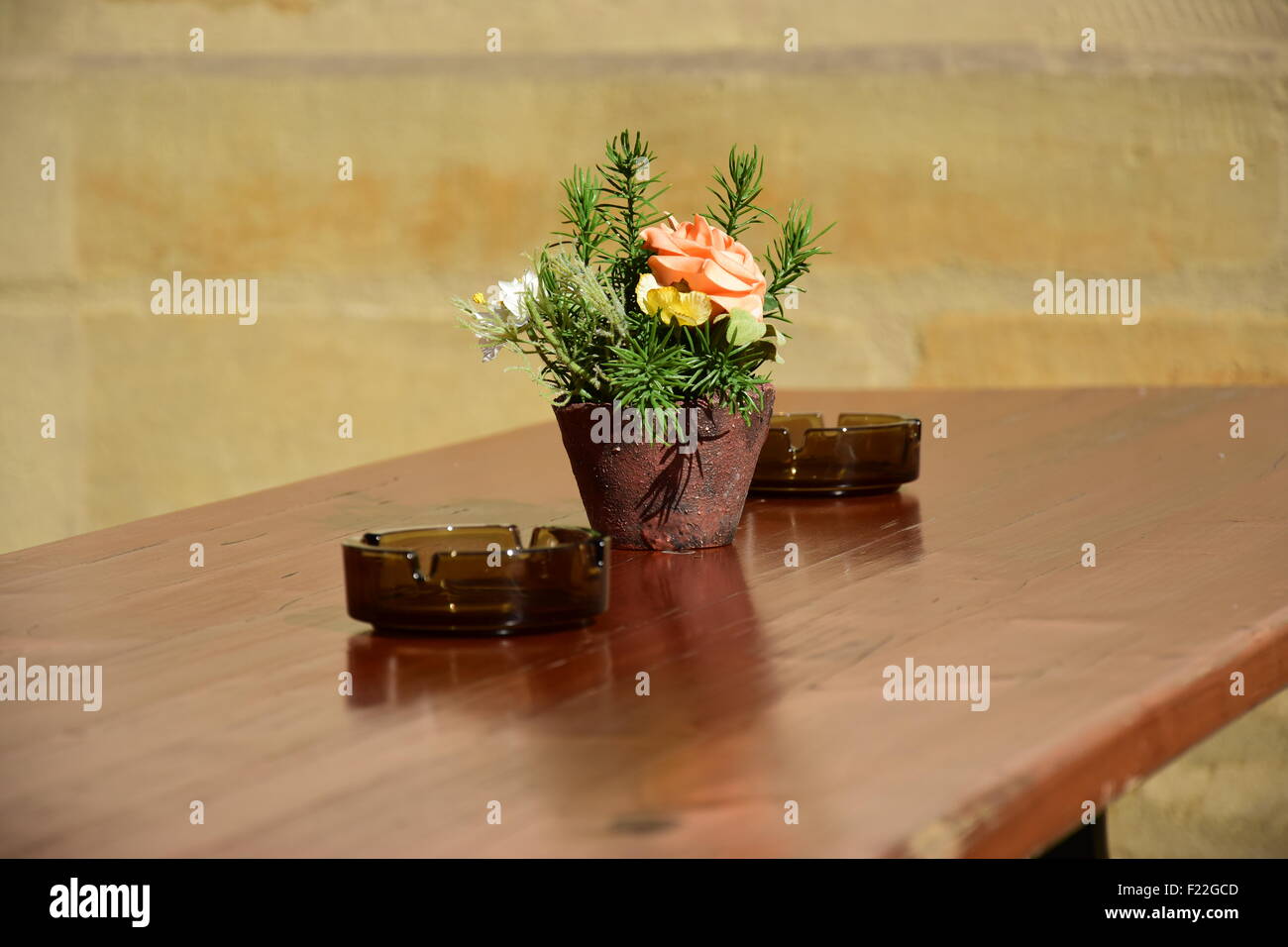 street cafe table decorated with flower pot and ashtrays Stock Photo