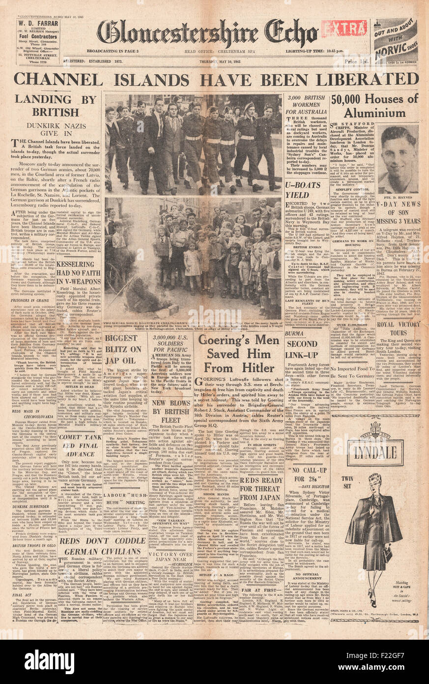 1945 Gloucestershire Echo front page reporting Channel Islands are