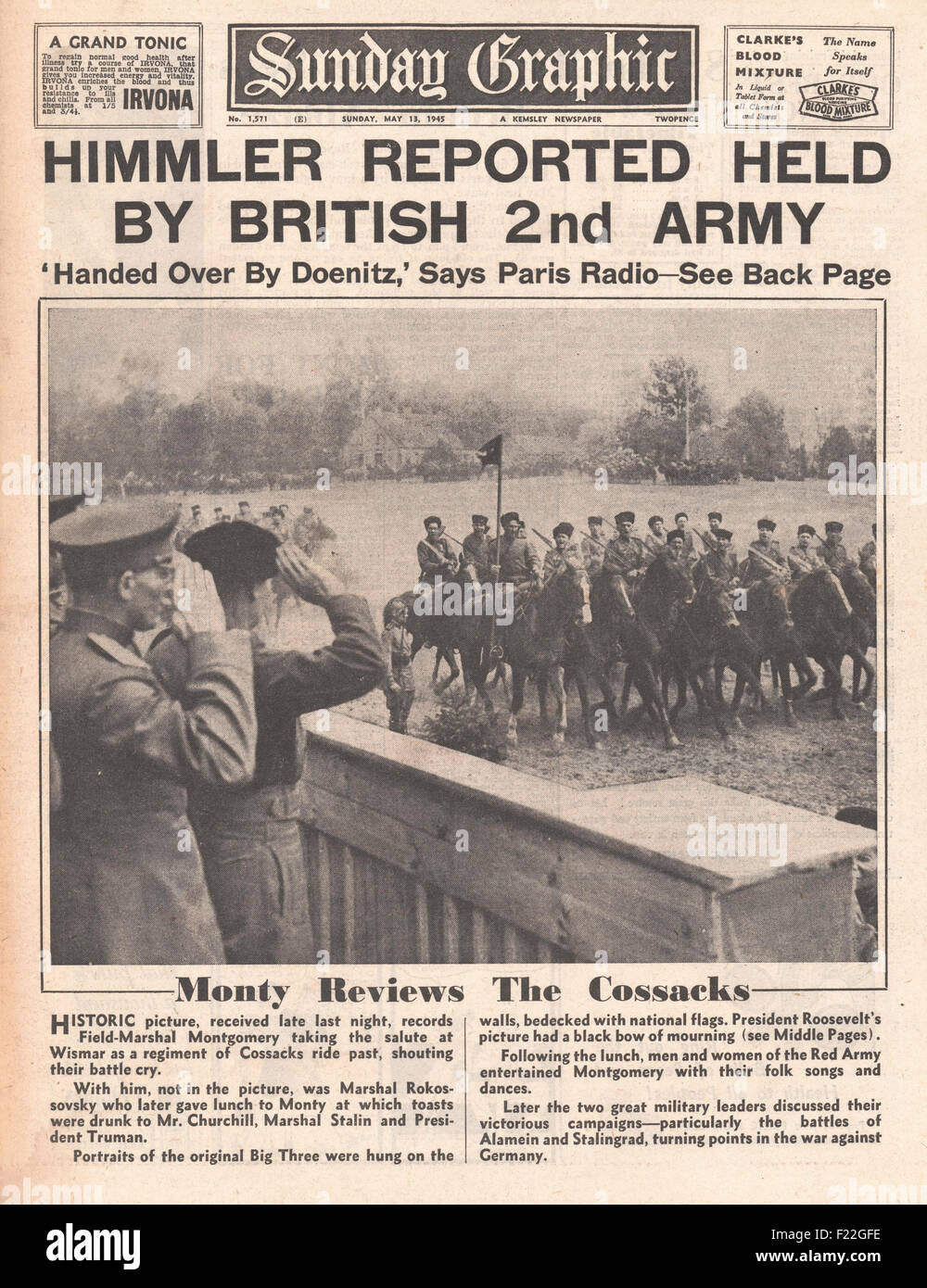 1945 Sunday Graphic front page reporting Heinrich Himmler Arrested by British Army and Field Marshal Montgomery Reviews Cossack Troops Stock Photo