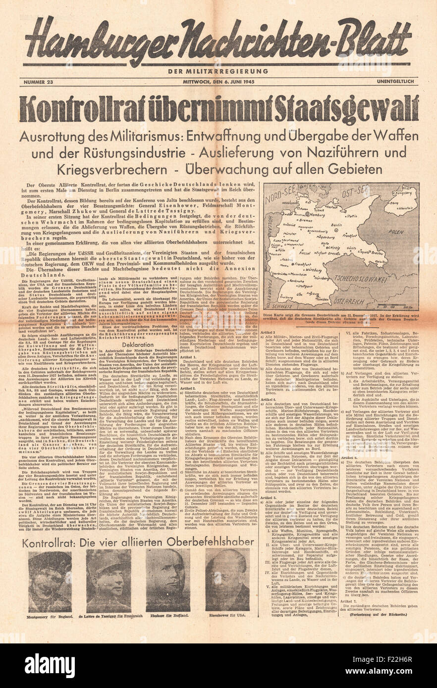 1945 Hamburger Nachrichtenblatt Declaration of Occupying Powers Stock Photo