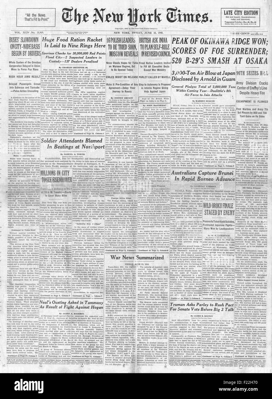 1945 New York Times front page reporting Battle for Okinawa and US ...
