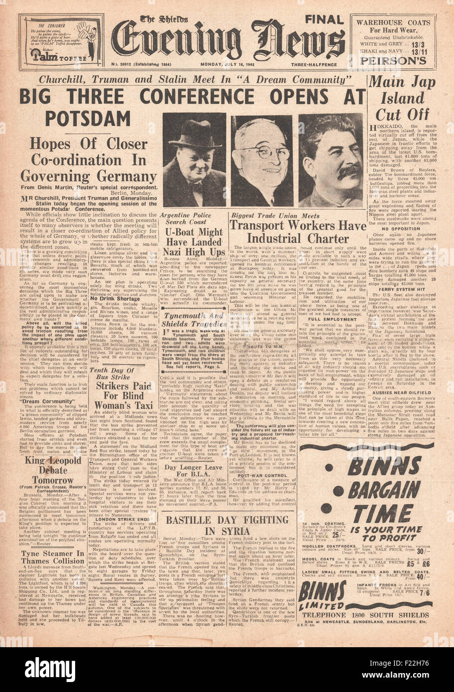 1945  The Shield's Evening News  First Day of Potsdam Conference Stock Photo