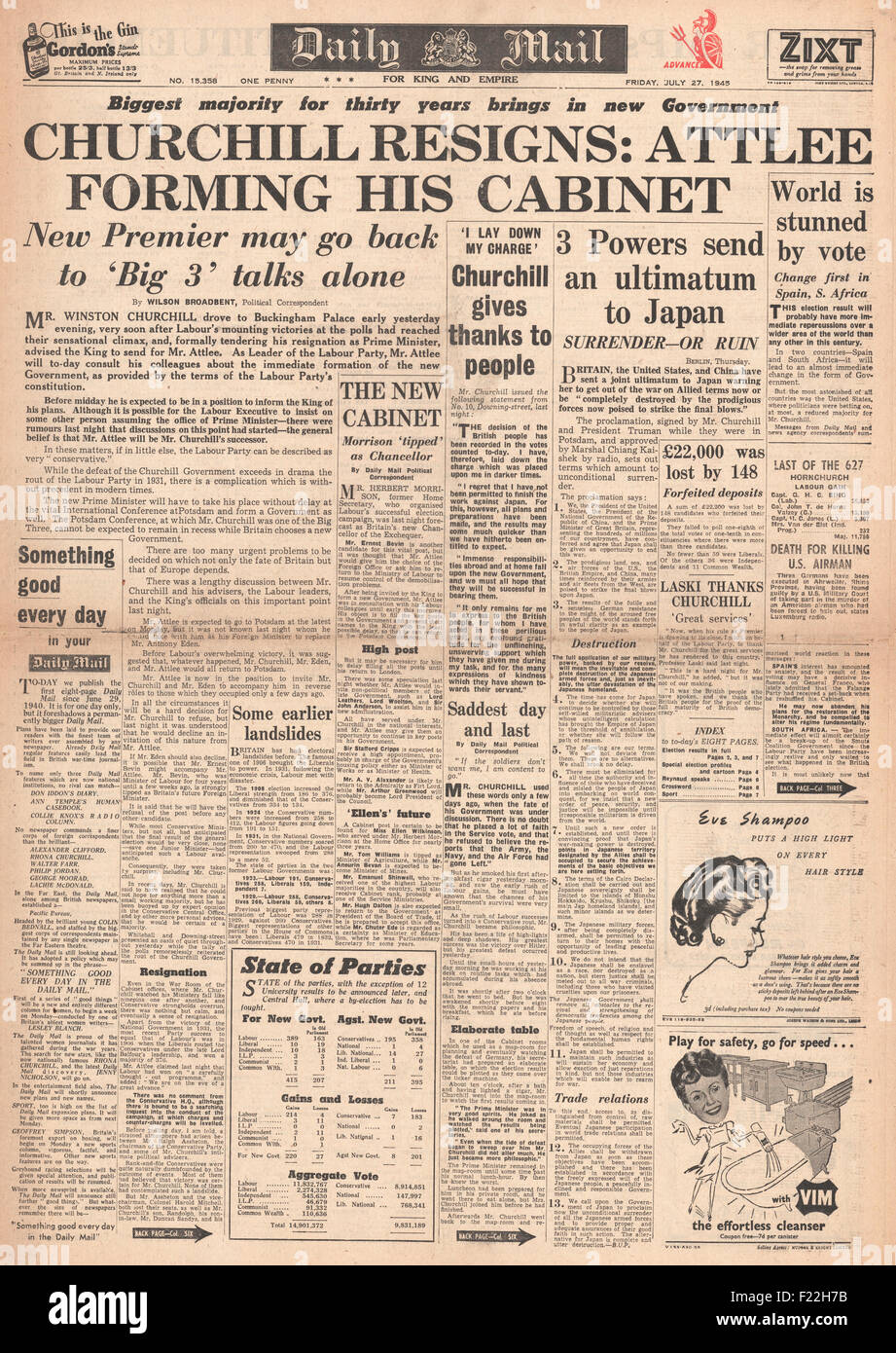 1945 Daily Mail front page reporting Clement Attlee and Labour Party