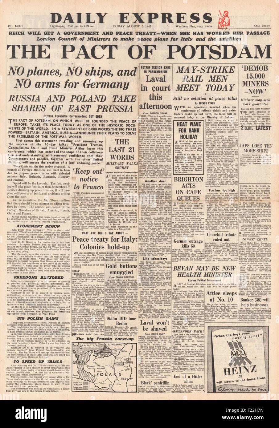 1945 Daily Express front page reporting Allies Reach Agreement Reached at Potsdam Conference Stock Photo