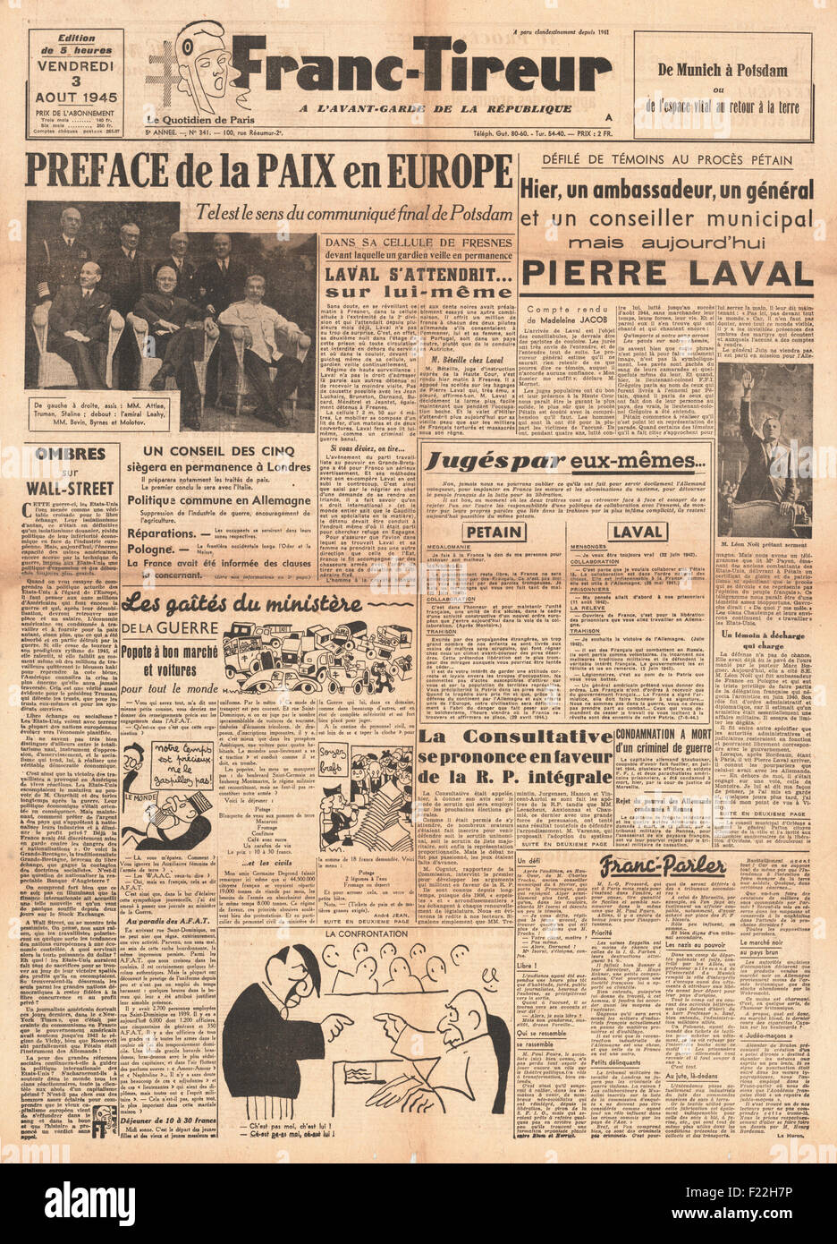 1945  Franc-Tireur (France) front page reporting Allies Reach Agreement Reached at Potsdam Conference Stock Photo