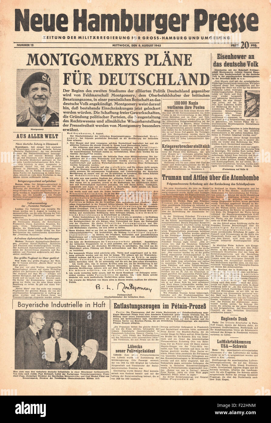 1945 Neue Hamburger Presse front page reporting Field Marshal Montgomery's Plans For Germany and Atom Bomb Dropped On Hiroshima Stock Photo