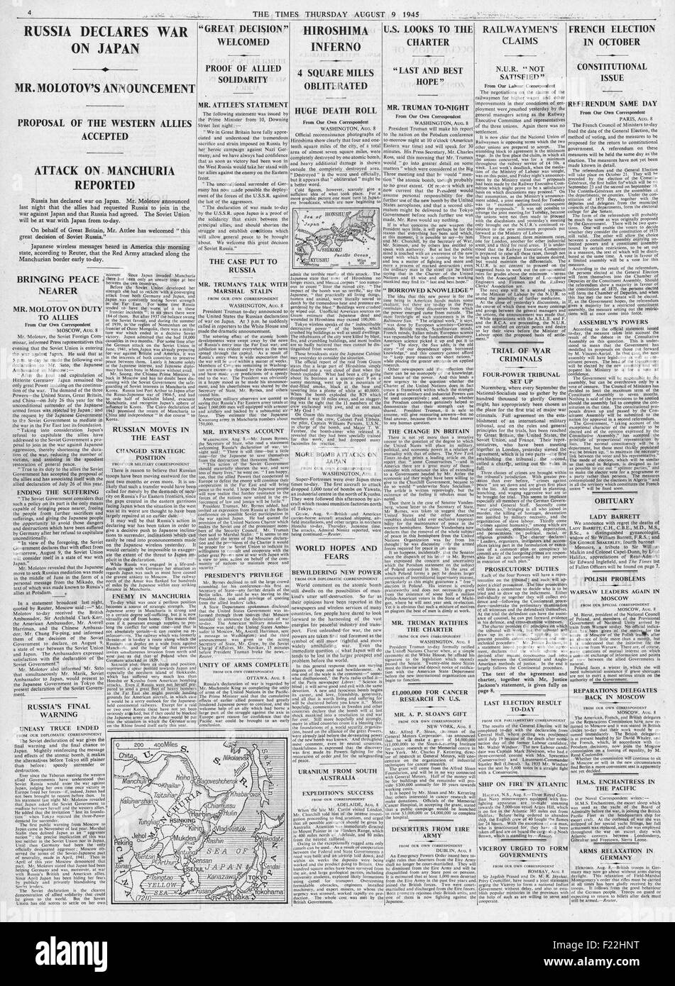 1945 The Times page 4 reporting Russia declare war on Japan Stock Photo