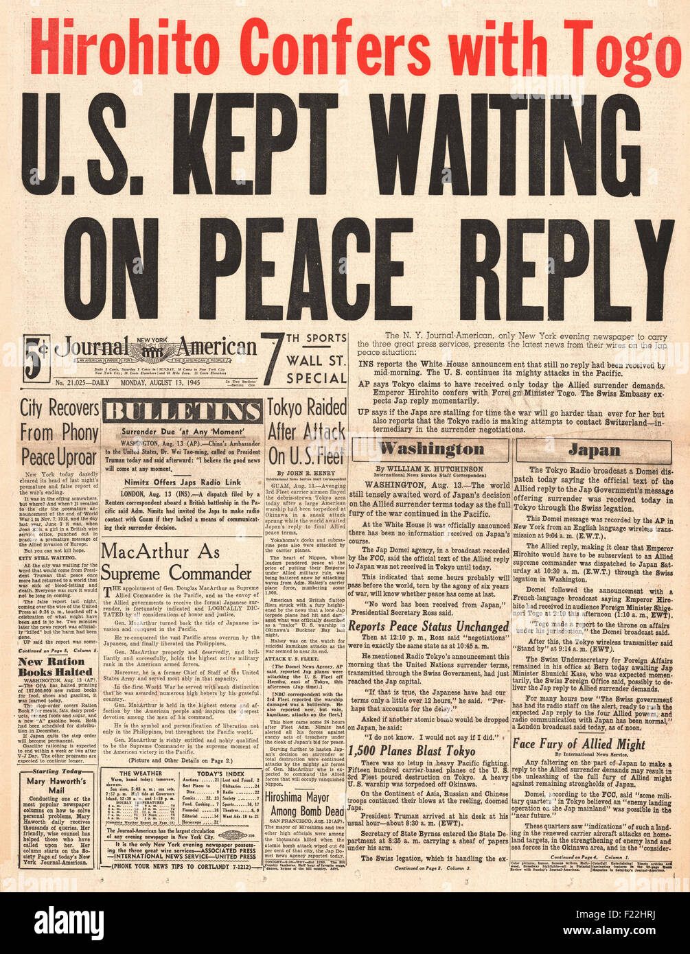 1945 New York Journal American front page reporting Japan considers ...