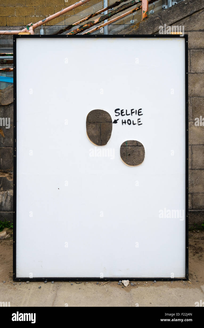 WESTON-SUPER-MARE, UK - SEPTEMBER 3 2015: Selfie Hole at Banksy's Dismaland Bemusement Park. Stock Photo