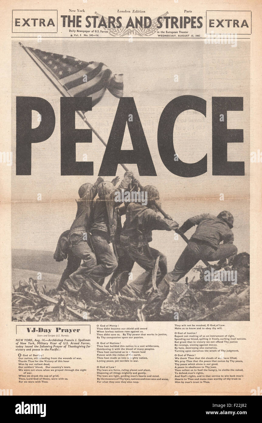 1945 front page Stars and Stripes reporting the end of World War Two and VJ  Day Stock Photo - Alamy