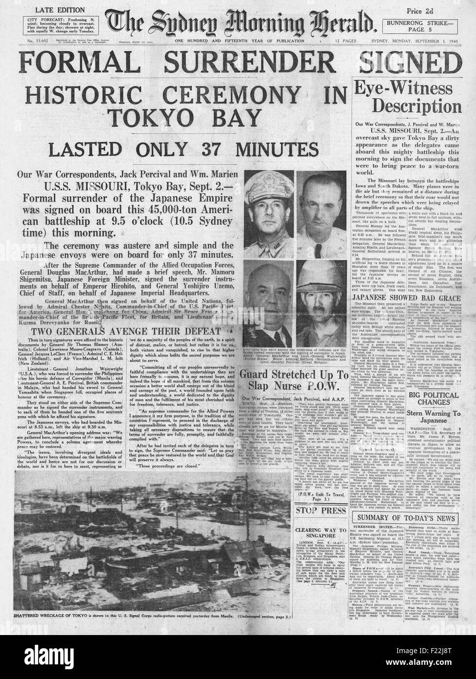 1945 Sydney Morning Herald (Australia)  front page reporting Japan signs surrender document aboard the USS Missouri Stock Photo