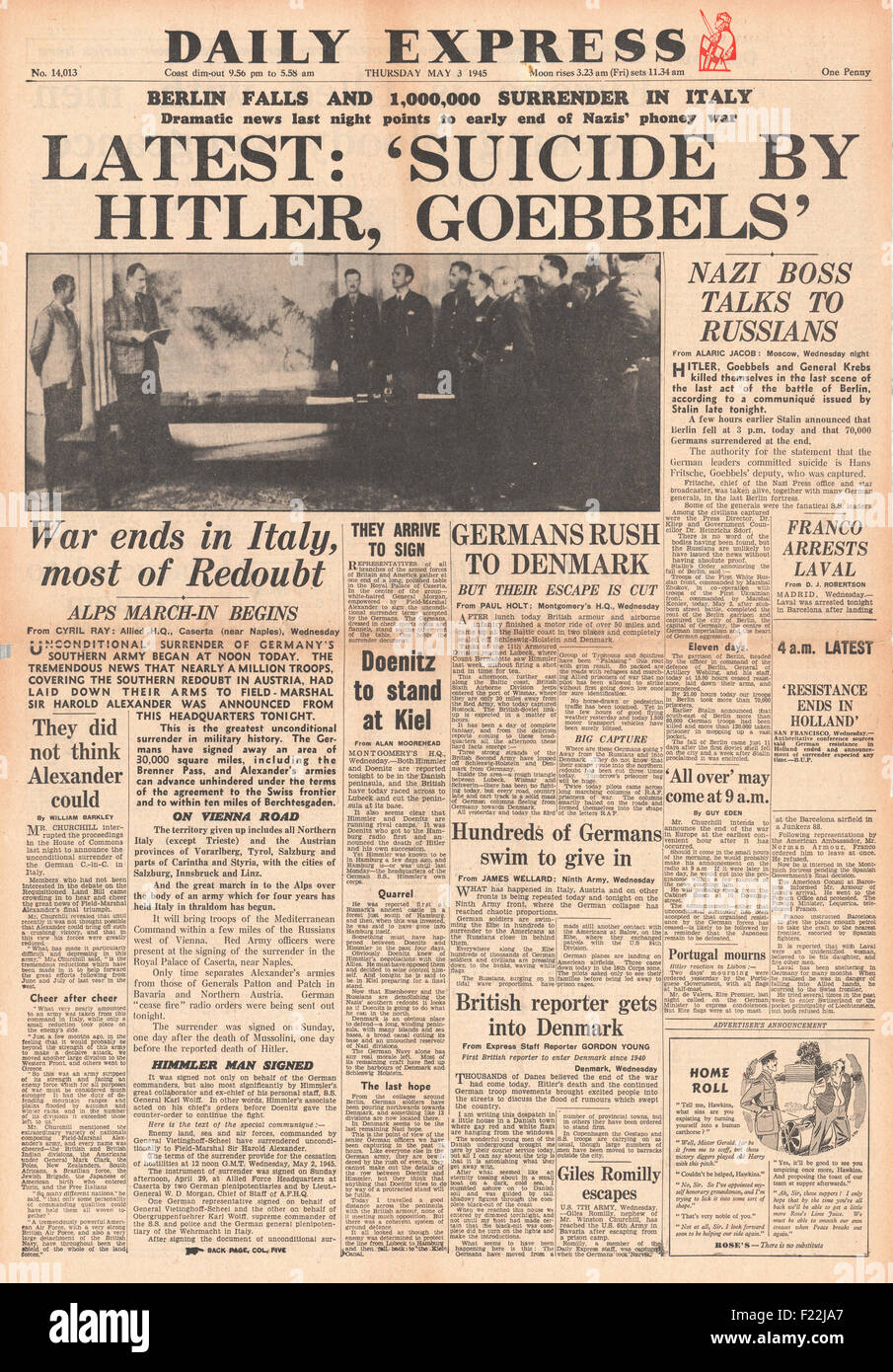 1945 Daily Express front page reporting Confirmation of Hitler and Goebbels Suicide Stock Photo