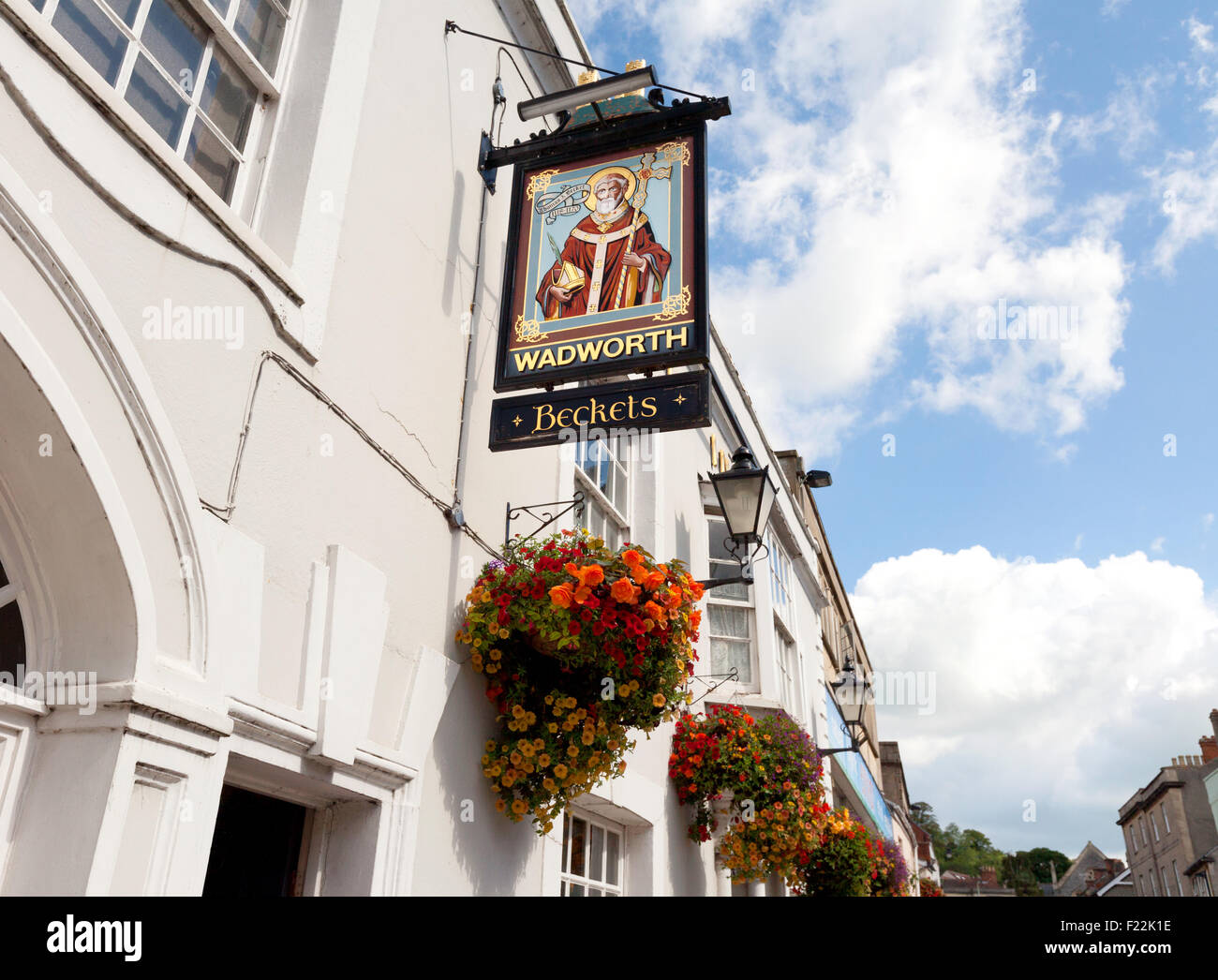 Beckets Inn sign Glastonbury, Somerset; selling Wadworth beer, from a