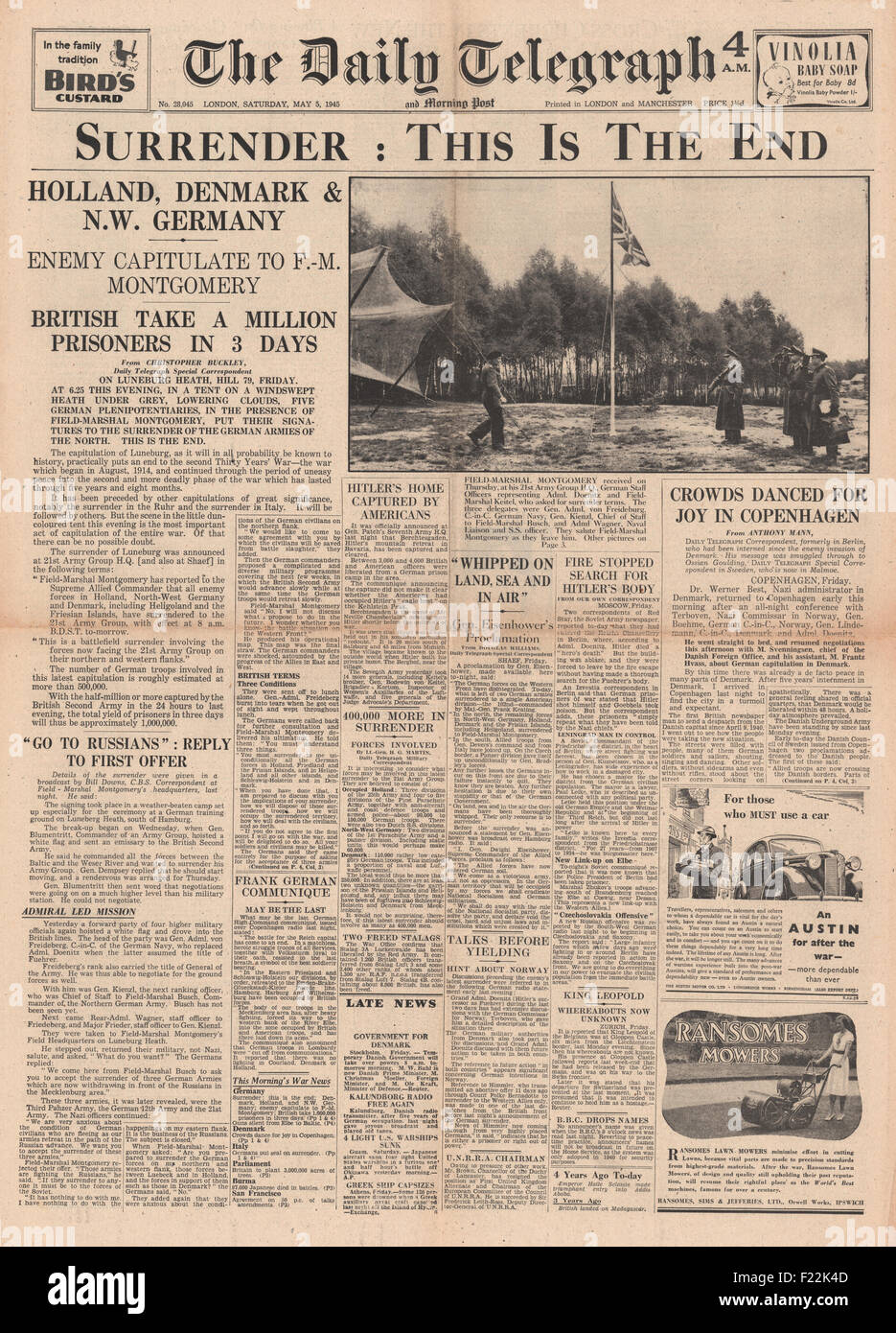 1945 Daily Telegraph front page reporting Germany Surrenders in Denmark, Holland and N. W. Germany Stock Photo