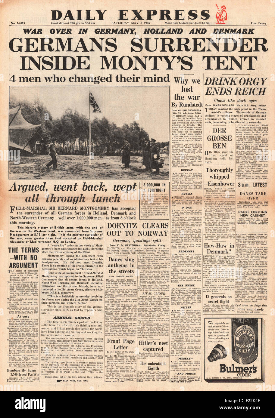1945 Daily Express front page reporting Germany Surrenders in Denmark, Holland and N. W. Germany Stock Photo