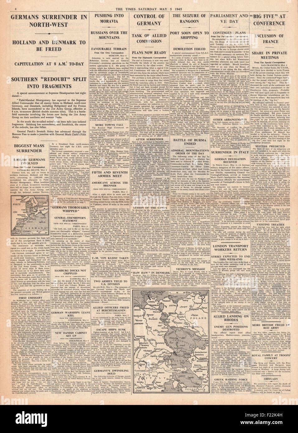 1945 The Times page 4 reporting Germany Surrenders in Denmark, Holland and N. W. Germany Stock Photo