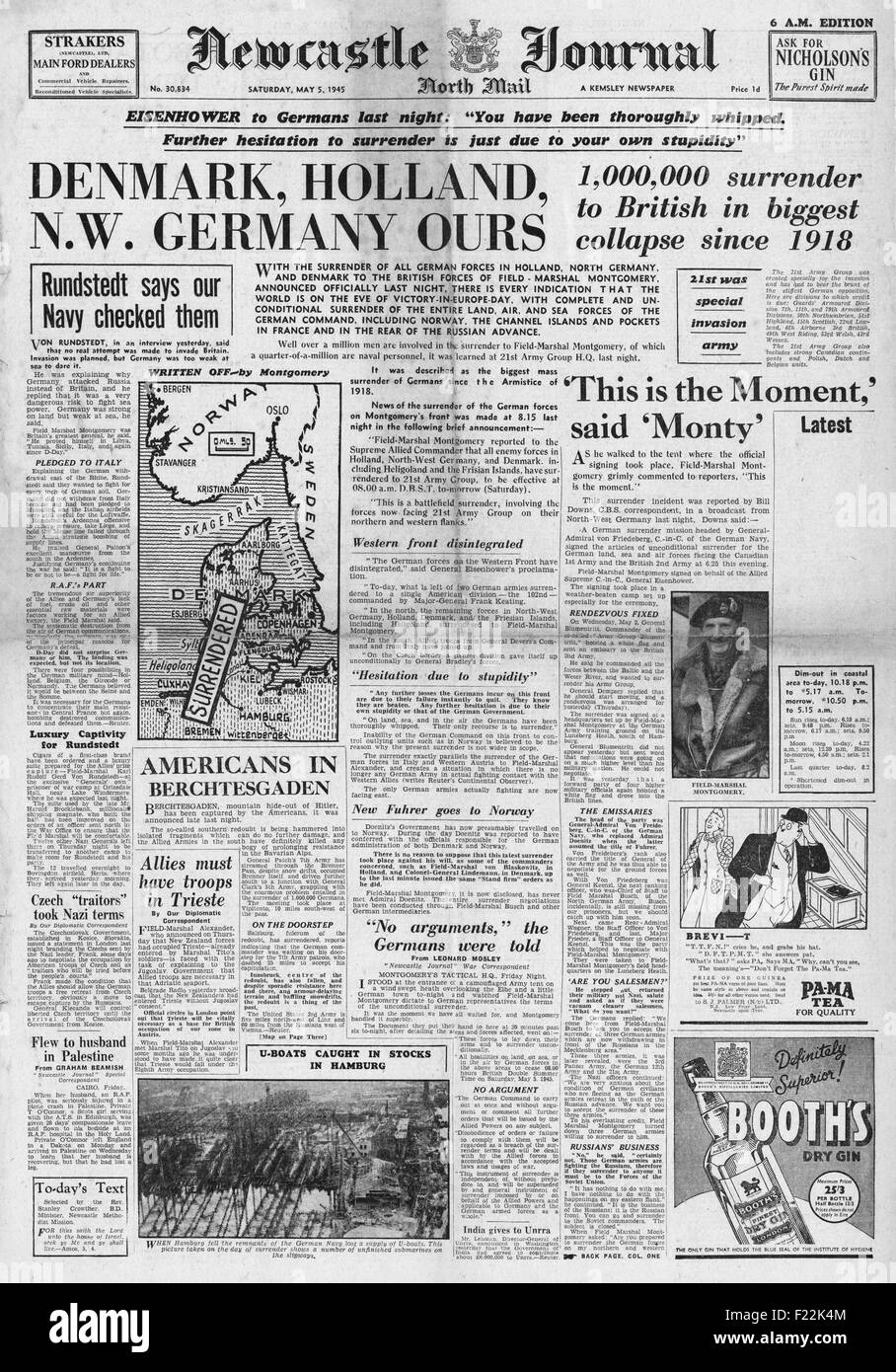 1945 Newcastle Journal front page reporting Germany Surrenders in Denmark, Holland and N. W. Germany Stock Photo