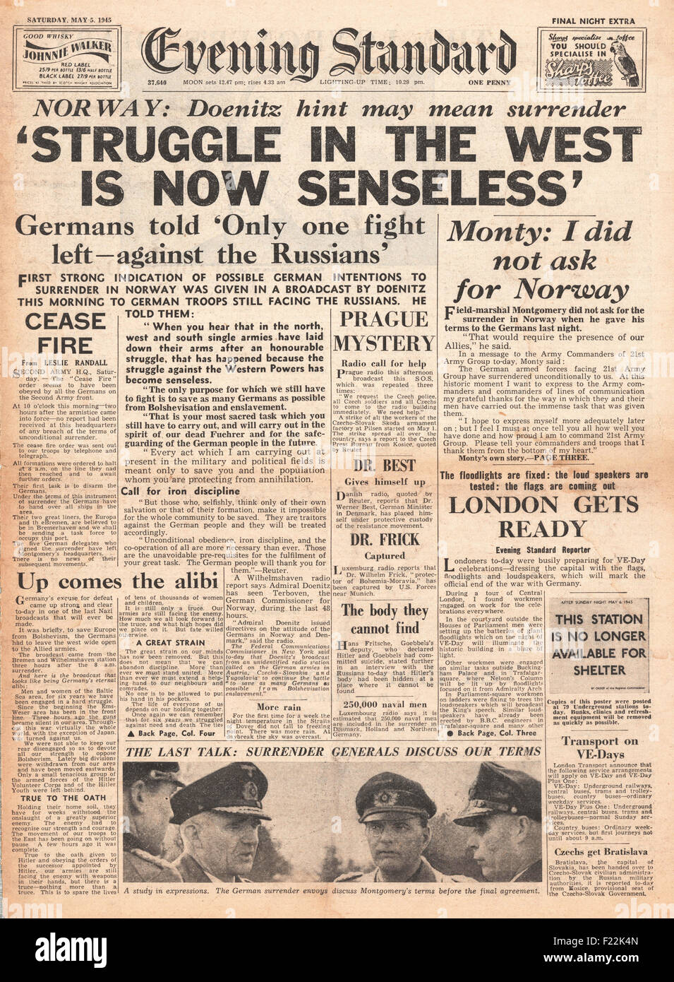 1945 Evening Standard (London) front page reporting Germany Surrenders in Denmark, Holland and N. W. Germany Stock Photo