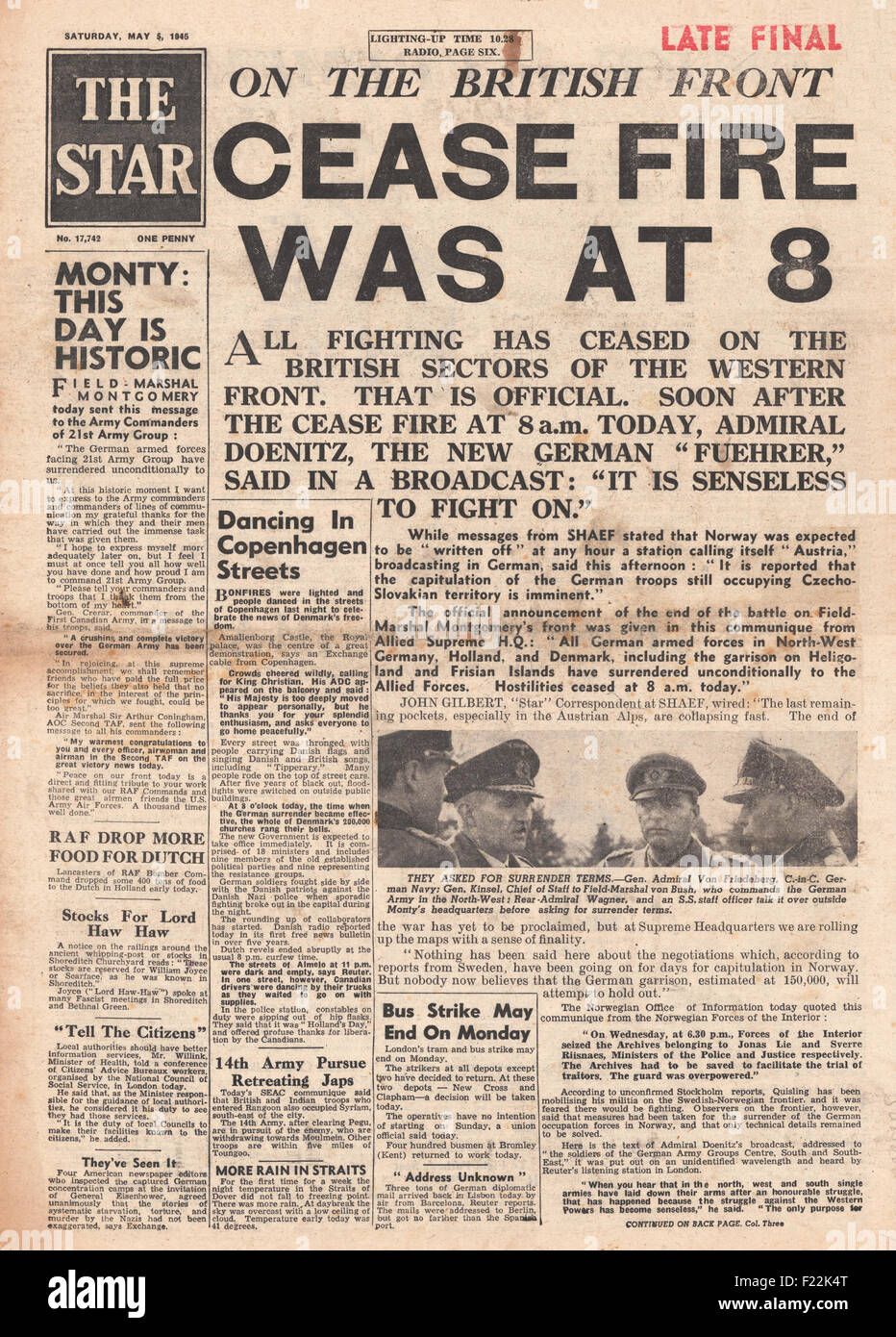 1945 The Star (London) front page reporting Germany Surrenders in Denmark, Holland and N. W. Germany Stock Photo