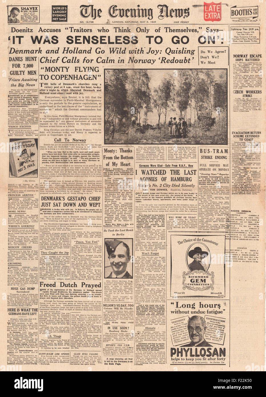 1945 Evening News (London) front page reporting Admiral Doenitz says it was 'senseless to go on' as Germany Surrenders in Denmark, Holland and N. W. Germany Stock Photo