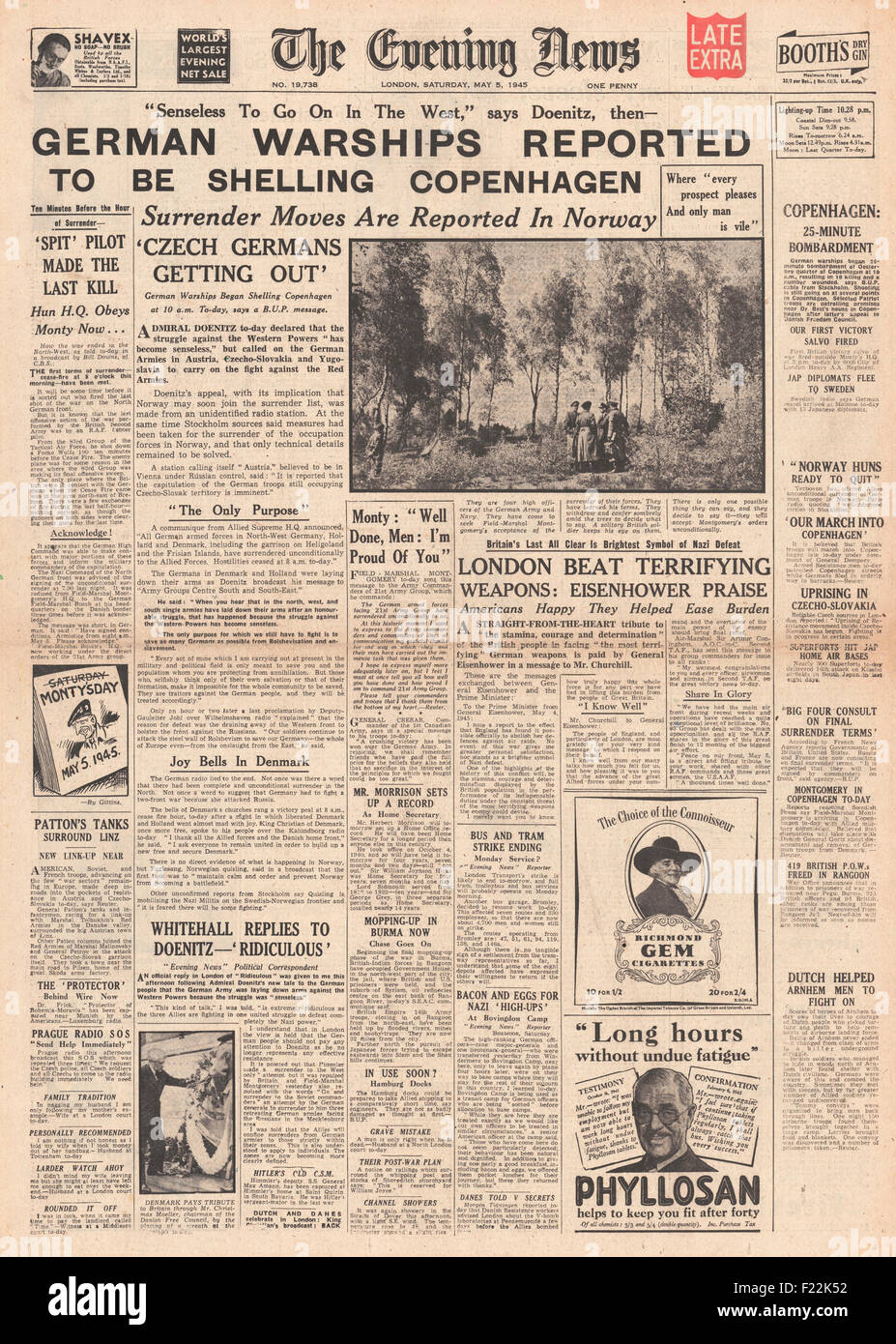 1945 Evening News (London) front page reporting  German warships reported to be shelling Copenhagen and Admiral Doenitz says it was 'senseless to go on' as Germany Surrenders in Denmark, Holland and N. W. Germany Stock Photo