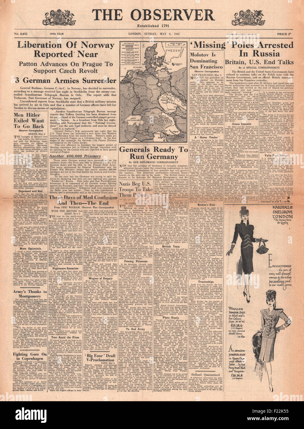 1945 The Observer front page reporting Liberation of Norway is near Stock Photo