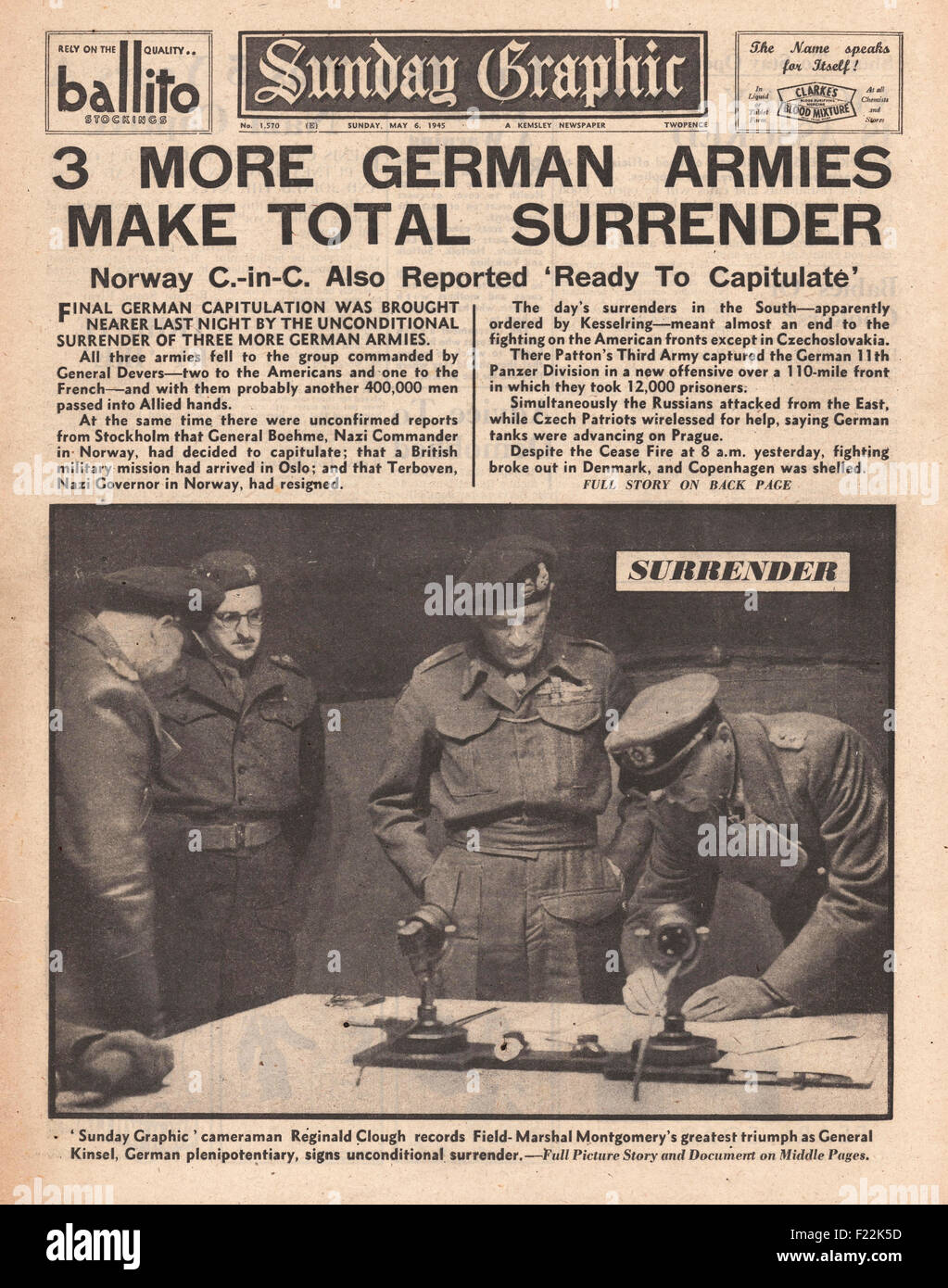 1945 Sunday Graphic front page reporting three more German armies surrender and German Forces offer to surrender in Norway Stock Photo