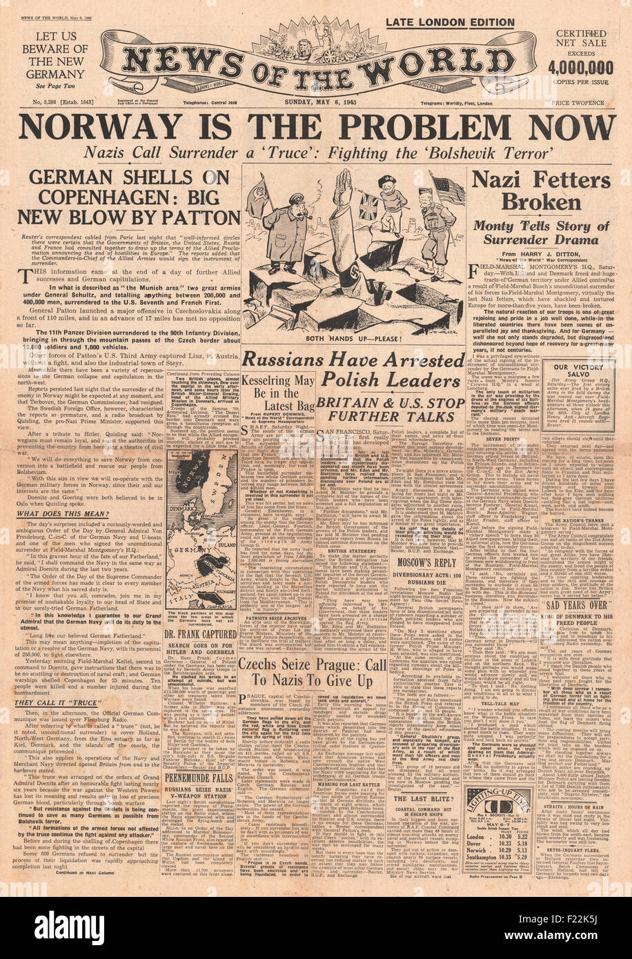 1945 News of the World front page reporting German Forces Offer to Surrender in Norway and German Navy shells Copenhagen Stock Photo