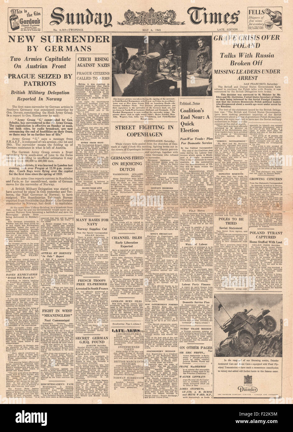1945 Sunday Times front page reporting German Forces Surrender in Austria, crisis over Poland and street fighting in Copenhagen Stock Photo