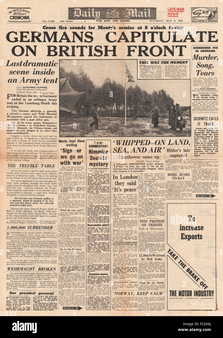 1945 Daily Mail front page reporting Germany Surrenders in Denmark, Holland and N. W. Germany Stock Photo