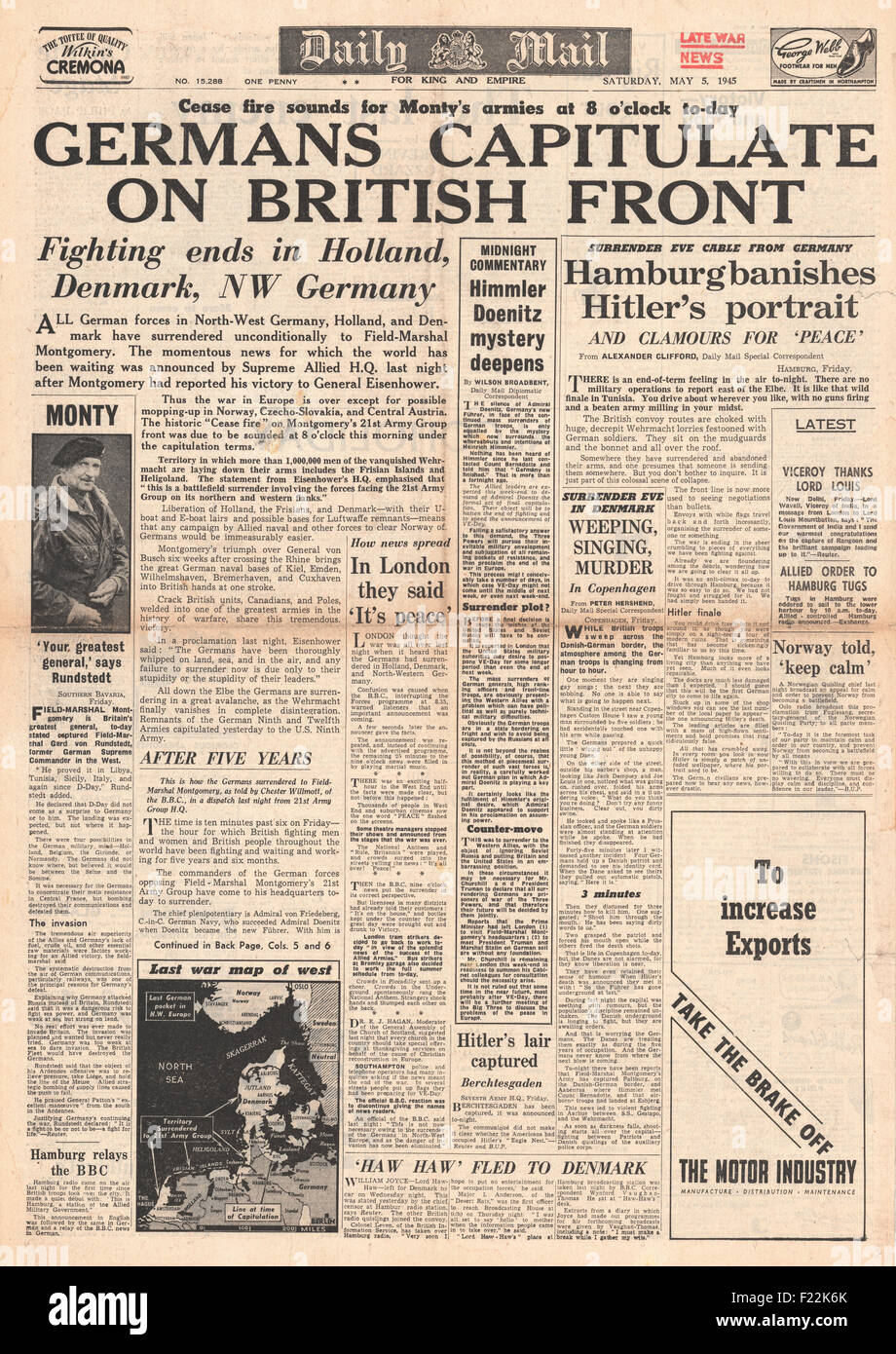 1945 Daily Mail front page reporting Germany Surrenders in Denmark, Holland and N. W. Germany Stock Photo