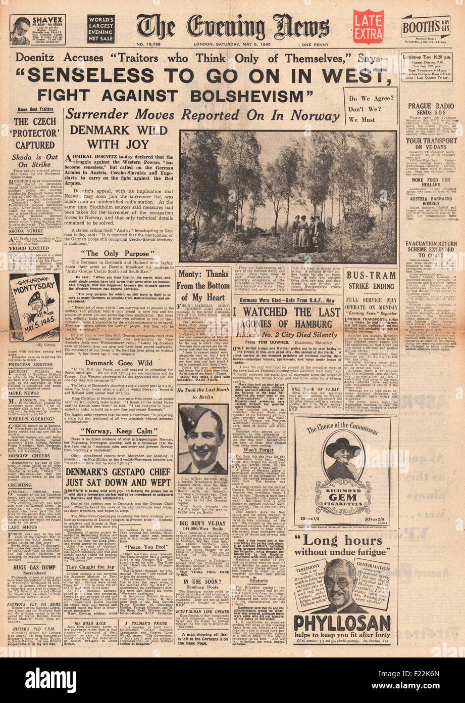 1945 Evening News (London) front page reporting Admiral Doenitz says it was 'senseless to go on' as Germany Surrenders in Denmark, Holland and N. W. Germany Stock Photo