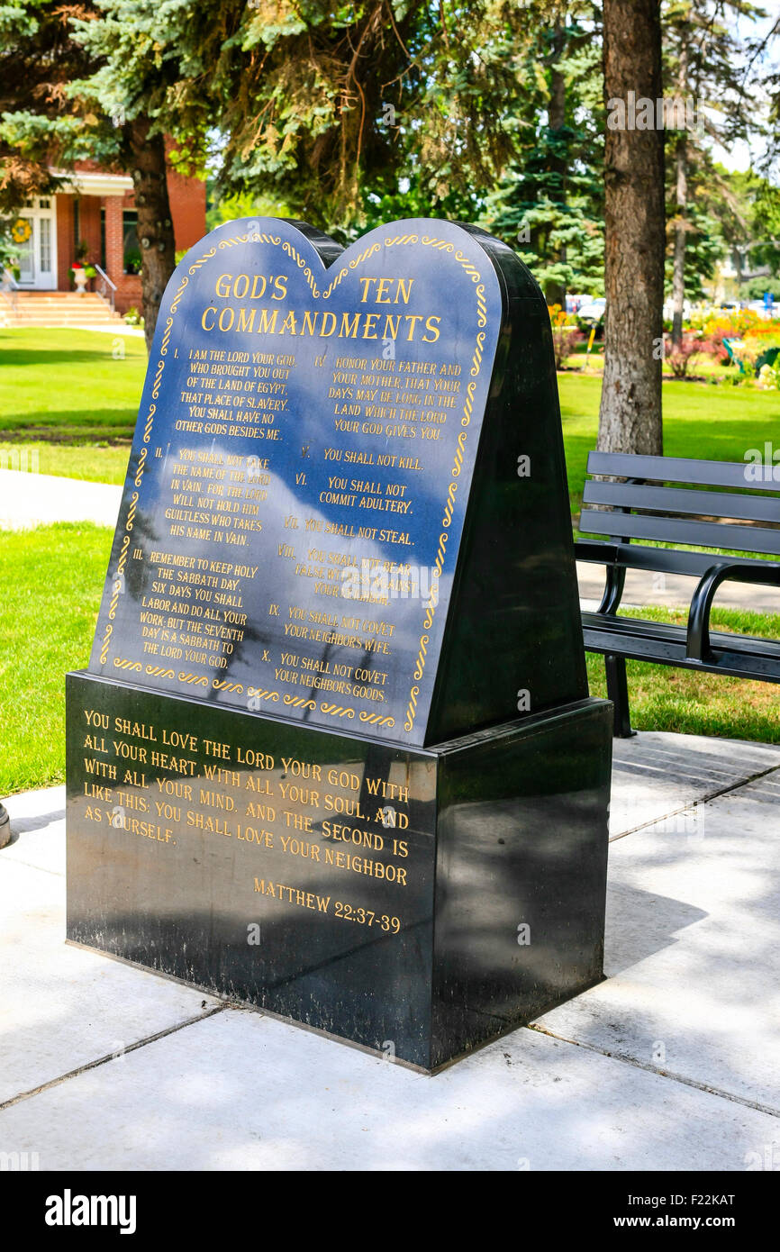 God's Ten Commandments Tablet outside of St. Mary's Cathedral in Fargo N. Dakota Stock Photo