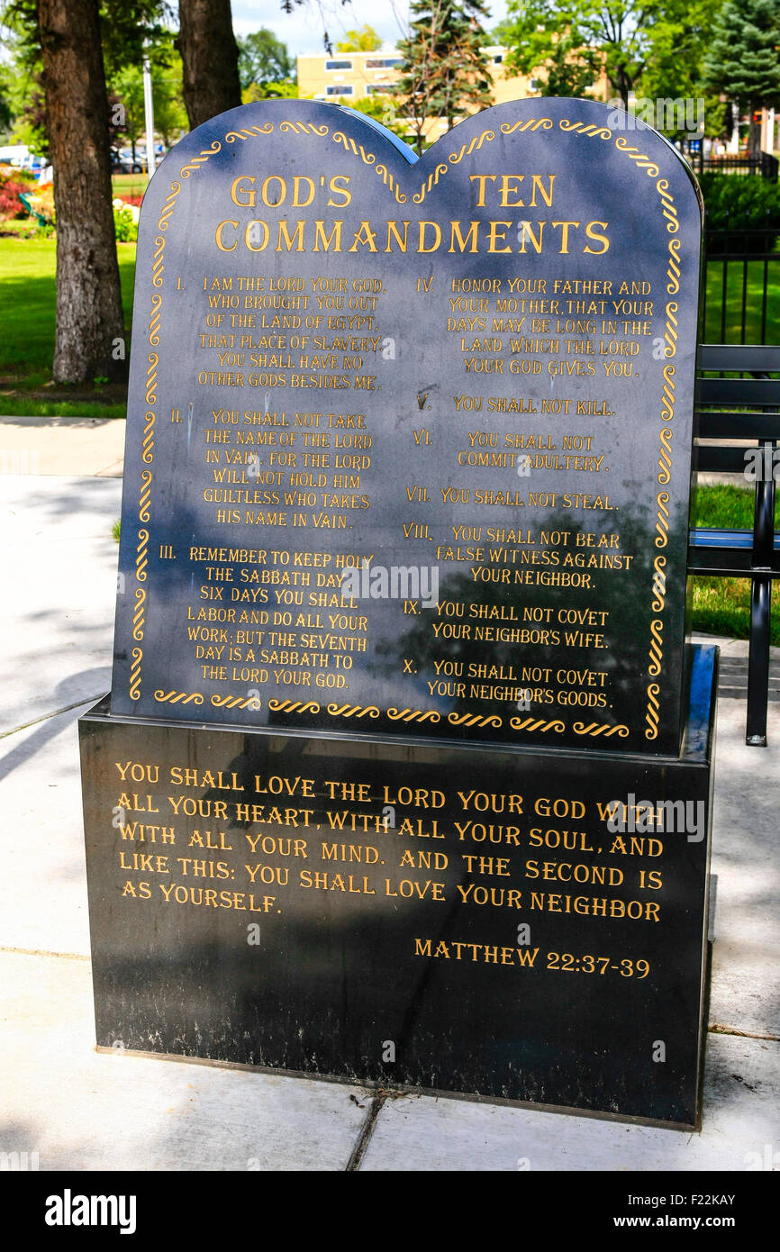 God's Ten Commandments Tablet outside of St. Mary's Cathedral in Fargo N. Dakota Stock Photo
