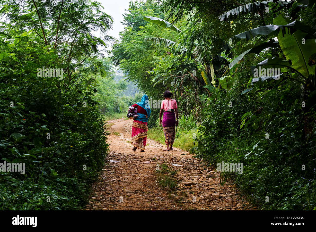 Two middle aged Nepalese farmer women walking down on a forest pathway Stock Photo