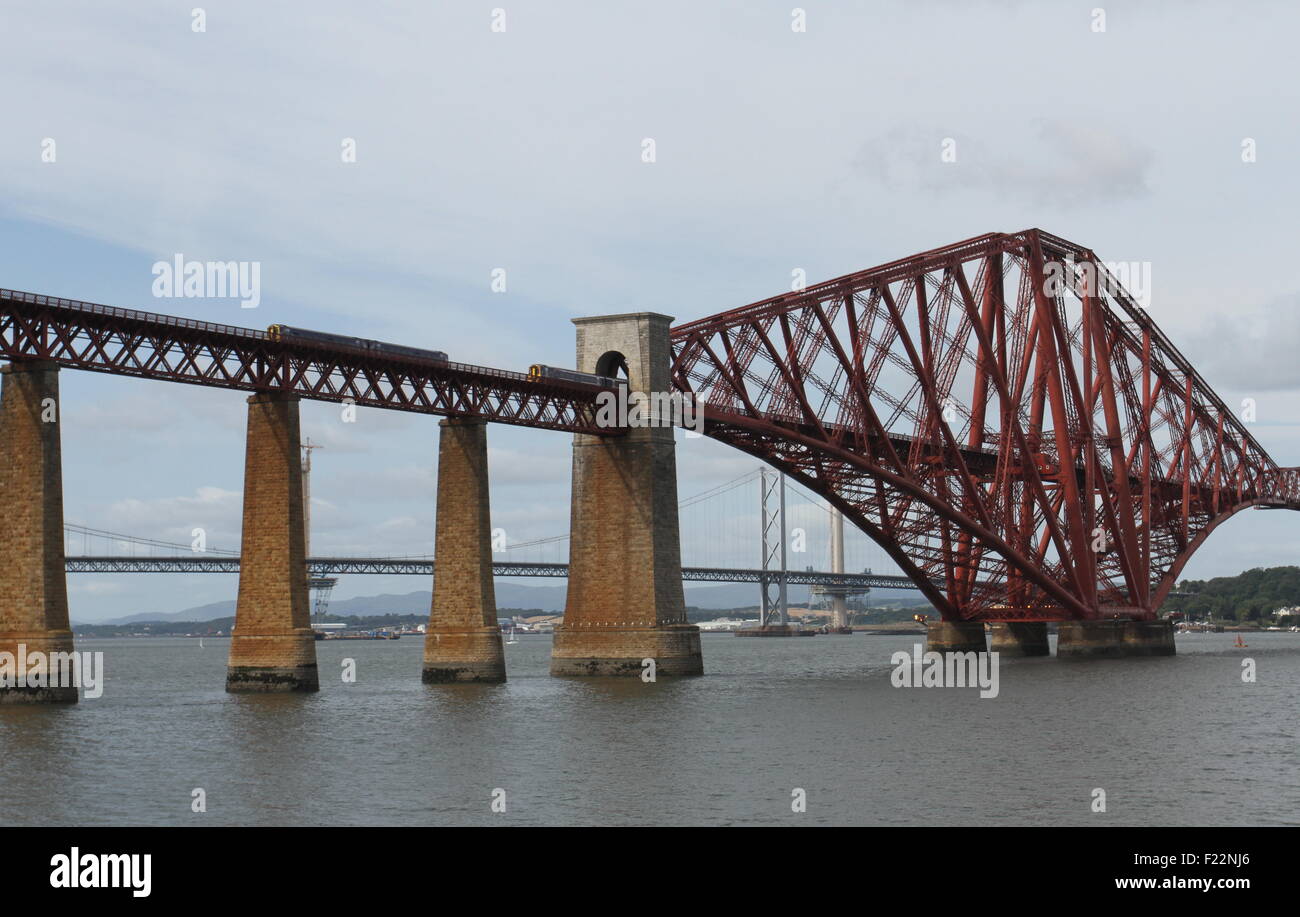Trains passing on Forth Rail Bridge Scotland  September 2015 Stock Photo