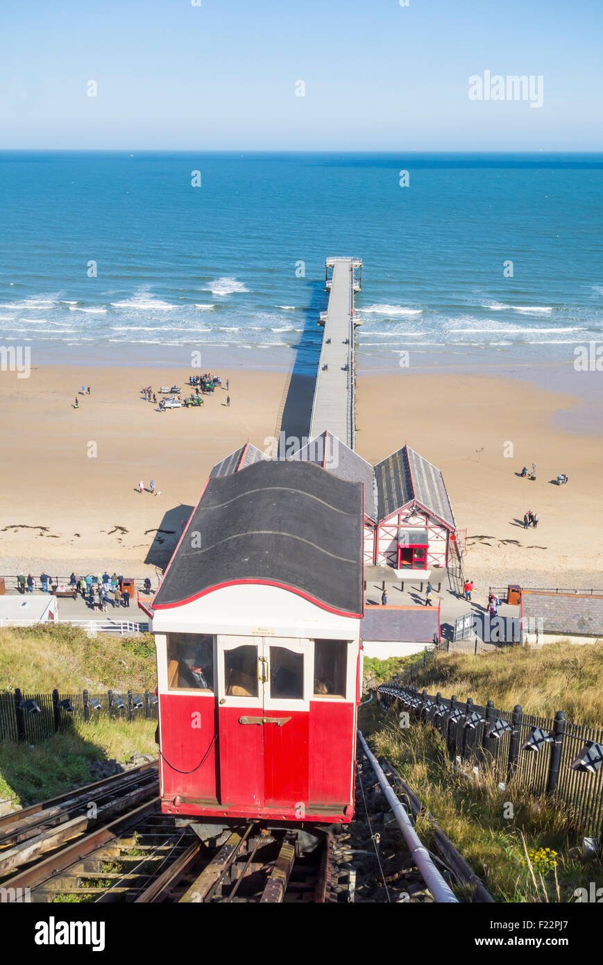 Saltburn by the sea. Victorian pier and cliff tramway from top promenade. North Yorkshire