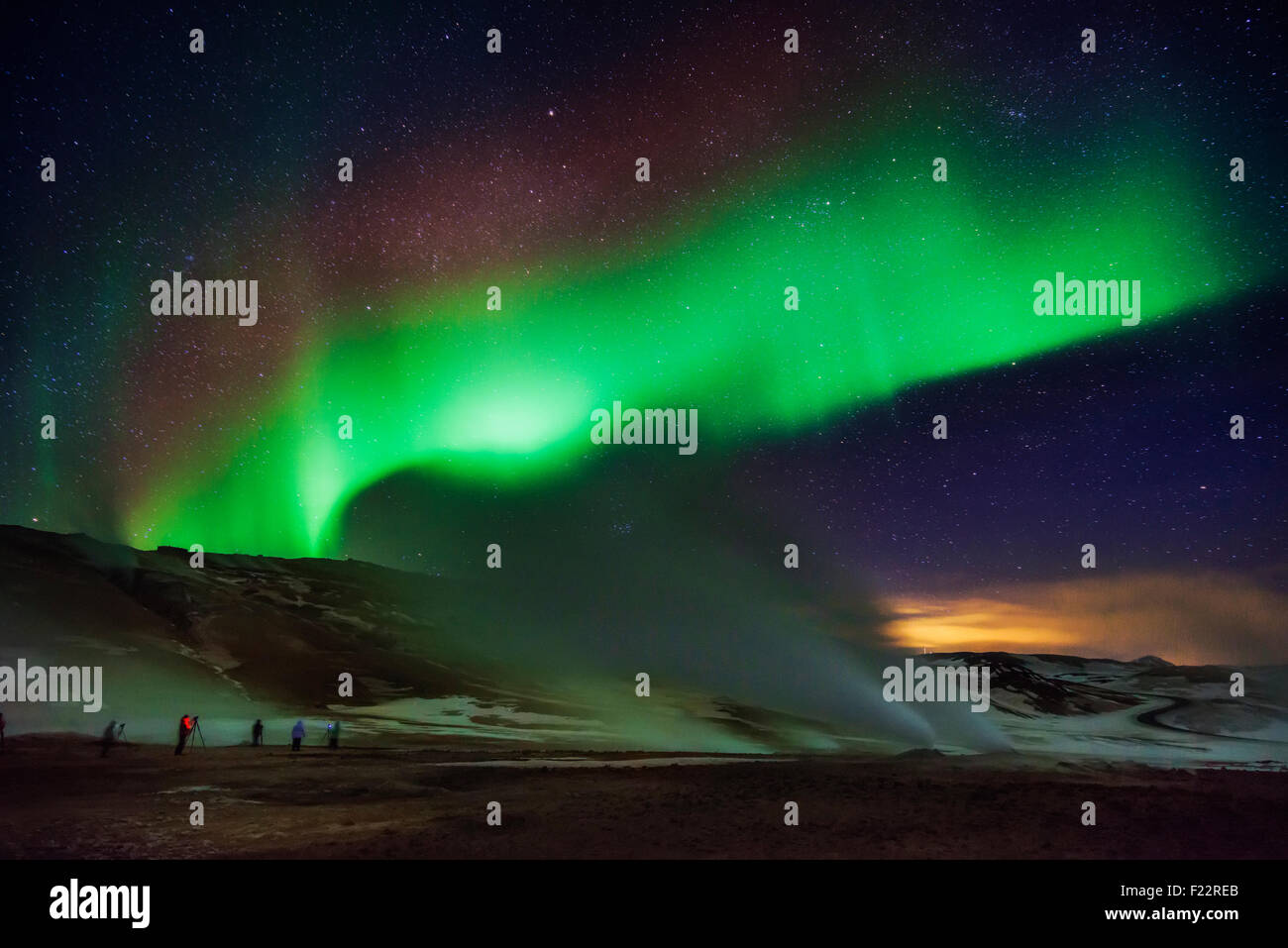 Northern Lights with geothermal steam, Hverarond, Namaskard, Iceland Stock Photo