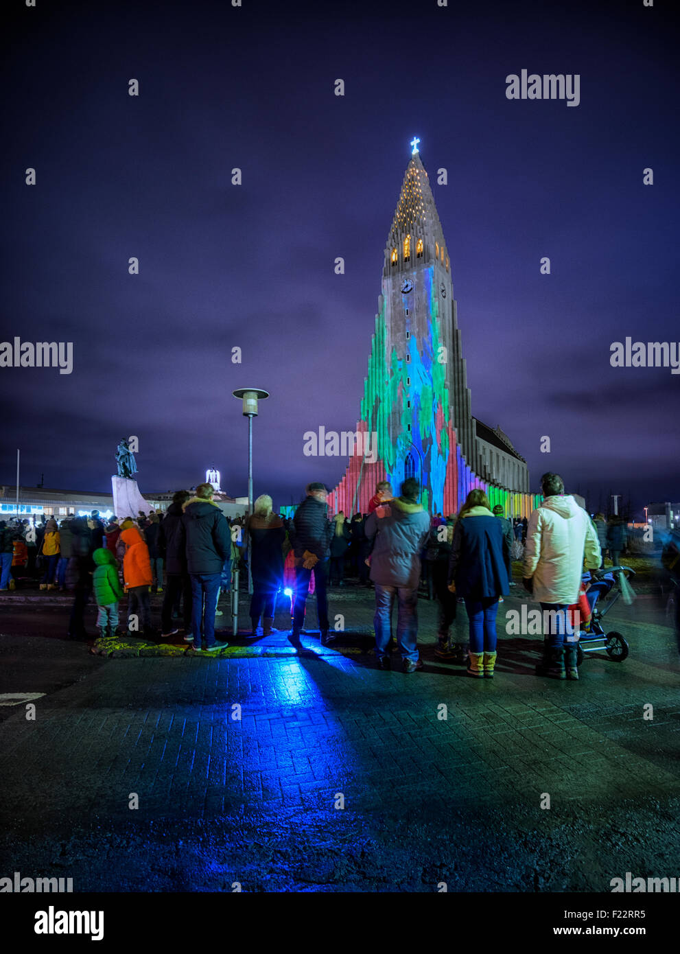 Hallgrimskirkja Church lit up during the Winter lights festival