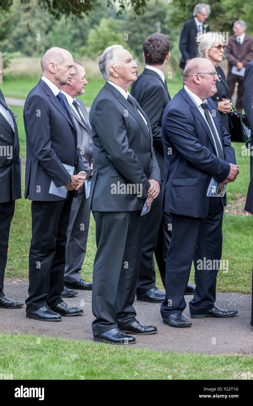 Northampton, UK. 10th September, 2015. Funeral of Racing driver Justin Wilson.  St James the Great Church. Paulerspury,  Northamptonshire U.K. 10th September 2015. John Watson (centre). and Adrian Newey (left) attended the funeral of  Justin Wilson who died after being struck by flying debris and suffering a serious head injury at the Pocono Raceway in Pennsylvania, U.S.A. Credit:  Keith J Smith./Alamy Live News Stock Photo